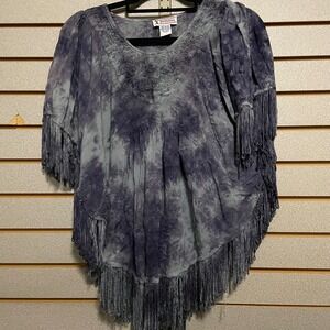Just Cruisin Tie Dye Fringed Poncho Top Blue Gray Free Size Boho Festival S M L